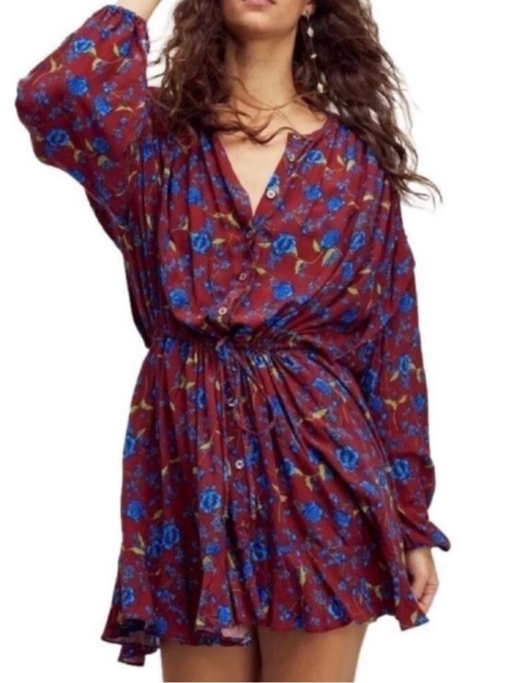 NWT Free People Oversized Mini Dress Floral Fields Size M Burgundy Floral NEW